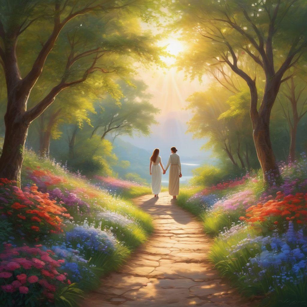 A serene landscape featuring a winding path symbolizing the journey of love, adorned with subtle symbols of ordination like intertwined rings and blooming flowers. In the foreground, a couple stands hand in hand, radiating warmth and togetherness, surrounded by gentle rays of sunlight filtering through lush trees. The background depicts a peaceful horizon, symbolizing hope and blessings. vibrant colors. painting.