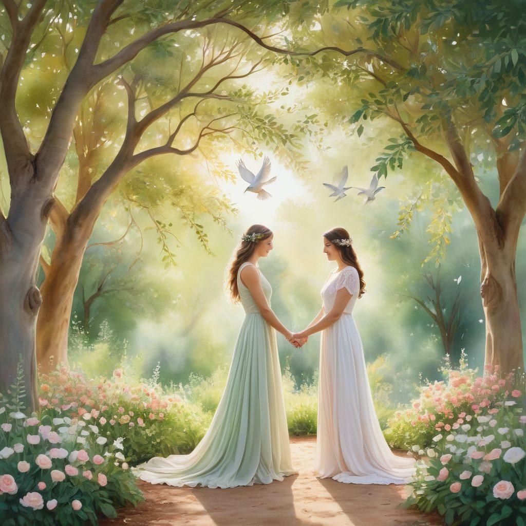 A serene outdoor setting featuring two intertwined trees symbolizing unity, with soft golden light filtering through leaves. In the foreground, a beautifully arranged ceremony space adorned with flowers and soft fabrics, representing love and commitment. In the backdrop, a couple exchanging vows with an ethereal aura, surrounded by friends and family. Ethereal elements like doves and gentle spirits can be subtly integrated, conveying the essence of sacred unions. watercolor painting. soft pastels. dreamy atmosphere.