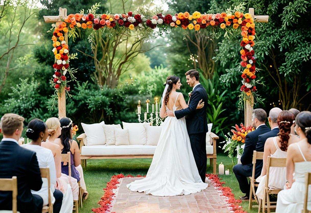 A serene outdoor wedding ceremony set against a lush green backdrop, featuring diverse couples exchanging vows, decorated with flowers and candles, with a sense of community represented by friends and family in attendance. The focus is on the deep emotional connections and rituals prominent in faith-based celebrations, incorporating elements like unity candles and prayer circles. Soft, warm lighting enhances the atmosphere of love and devotion. watercolor painting. vibrant colors. soft focus.